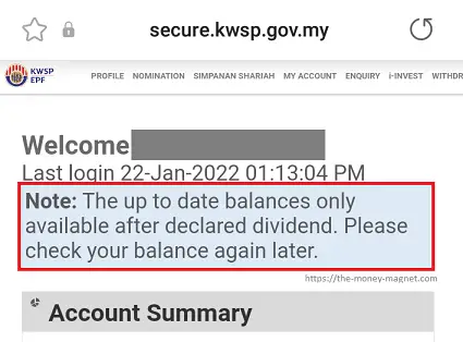 EPF i-Akaun notice on up-to-date balance only available after dividend declaration.