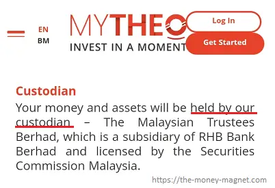 Robo-advisor MYTHEO stated that investor's money and assets will be held by their custodian.