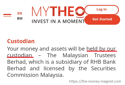 Robo-advisor MYTHEO stated that investor's money and assets will be held by their custodian.