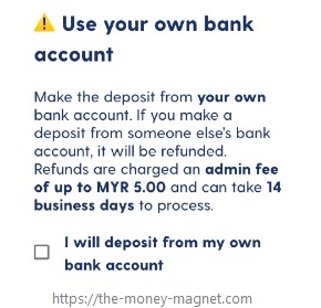 Luno's platform to reminder user to only make the deposit from own bank account.