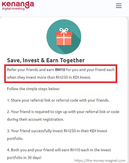 Kenanga Digital Investing's refer a friend program rewards both referral and referee with RM10 welcome bonus.