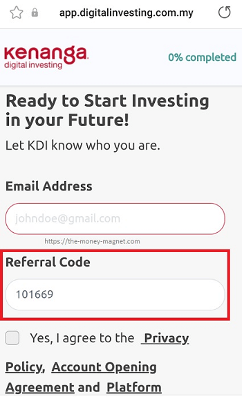 Registering through a Kenanga Digital Investing referral link or referral code to receive RM10 sign-up bonus.