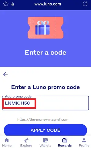 Add a Luno promo code to redeem RM50 in Bitcoin.