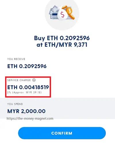 Order confirmation screen of buying Ethereum on Luno Malaysia with service charge of 2% shown.