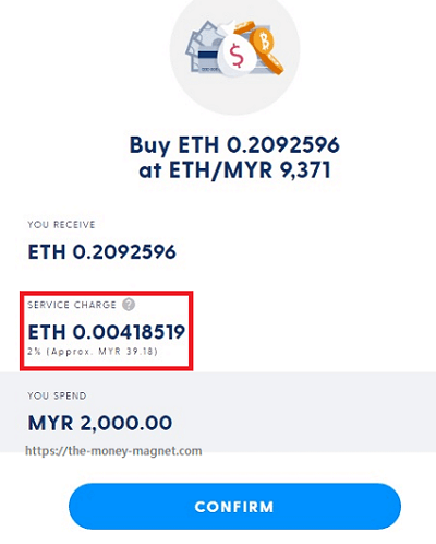 Order confirmation screen of buying Ethereum on Luno Malaysia with service charge of 2% shown.