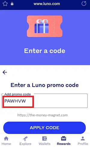 Adding a Luno promo code to the reward tab.