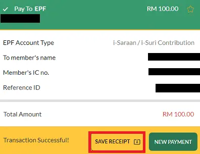 Maybank2u transaction receipt for i-Saraan contribution.