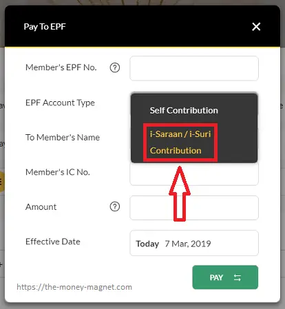 Choose pay to i-Saraan or i-Suri Contribution from Maybank2u's EPF Account Type dropdown menu.