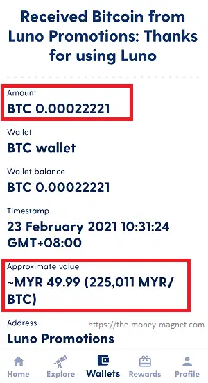 Successfully received RM50 in Bitcoin from Luno Malaysia.
