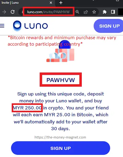 Example of Luno invite code with its requirements and Bitcoin reward for Luno Malaysia users.