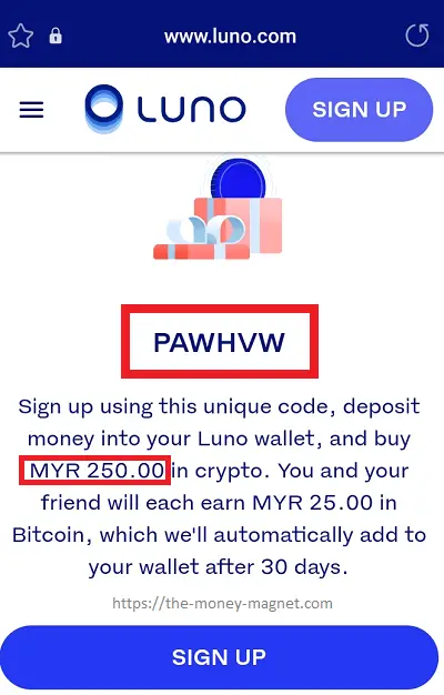 Luno invite link with a promo code for RM25 in Bitcoin.