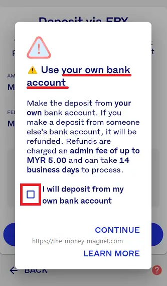 Reminder to only make a deposit from own bank account.