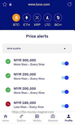Four Luno price alerts including Bitcoin more than RM200,000.