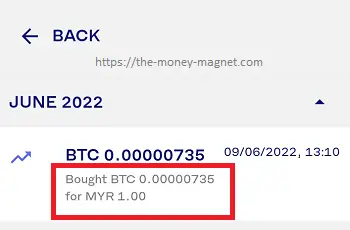 A transaction showing newly bought Bitcoin in Luno Bitcoin wallet.