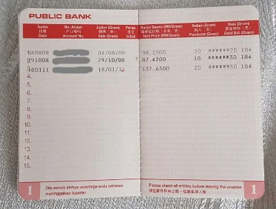 Three transaction details on a Public Bank Gold Investment Account passbook, totaling to 50 grams of gold.