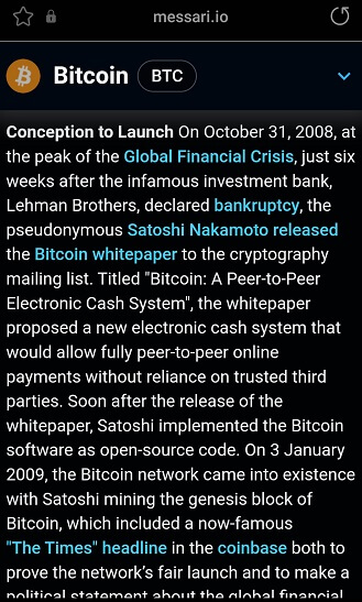 The history of Bitcoin on Messari's platform.