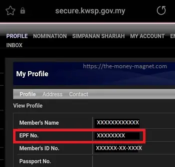 EPF number shown under i-Akaun's 'My Profile'.