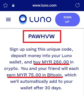 Luno promo code worth RM75 in Bitcoin.