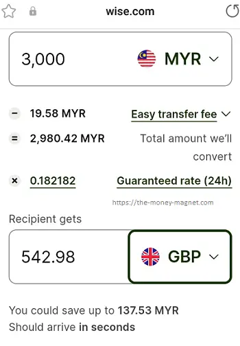 Wise Malaysia fees for sending MYR 3000 to GBP.