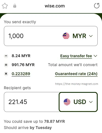 Wise money transfer fees for sending MYR 1000 to USD.