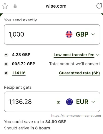 Wise transparent transaction showing the money transfer details upfront for sending GBP 1000 to EUR.