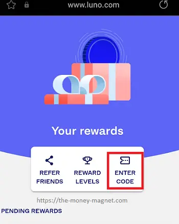 Luno's Rewards tab where user can enter a promo code.