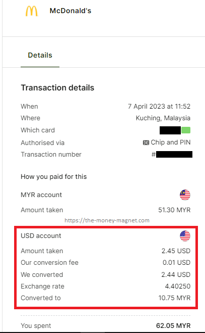 Transaction details at McDonald's Kuching using Wise Smart Conversion technology. 