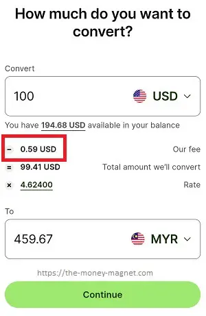 Fees shown on Wise currency conversion calculator.