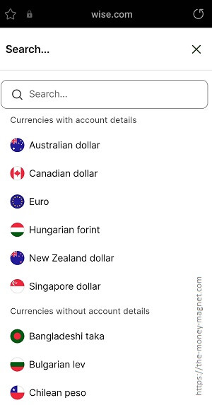 List of currencies available on Wise Multi-Currency Account.