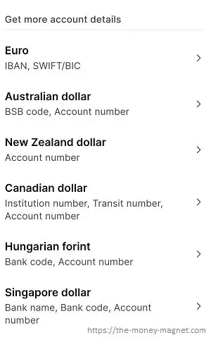 List of currencies available for local bank account details.