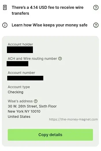 Wise USD account details.