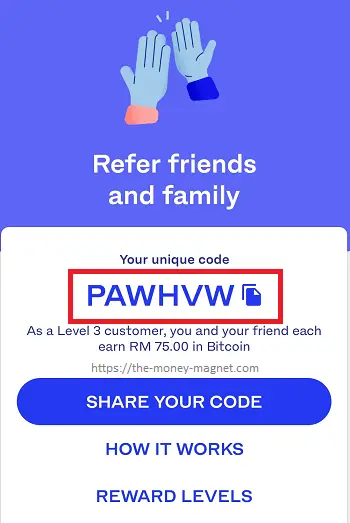 Luno promo code PAWHVW worth RM75 free Bitcoin rewards.