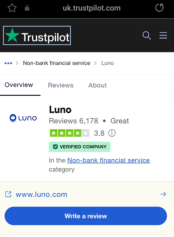 Luno reviews on Trustpilot showing a rating of 3.8.