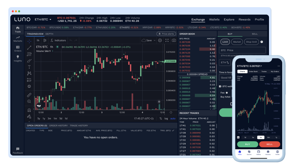 Luno Exchange interface on web and mobile app.